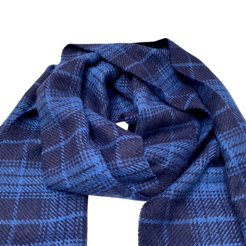 GAP Blue Plaid Scarf Acrylic Wool Blend Fringe Oblong Muffler 11.5x70